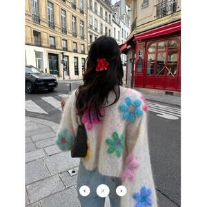 Wool-Blend Colorful Flower Cardigan Sz XL